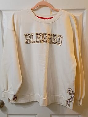 Joules Cream "Blessed" Leopard Appliqué Sweatshirt